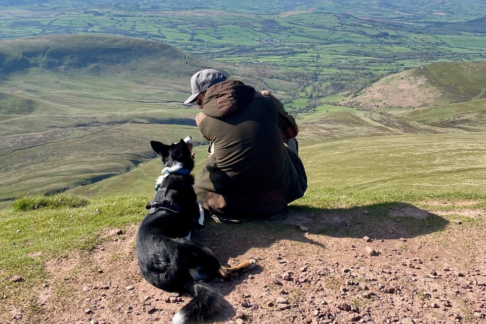 Mensch und Hund sitzen nebeneinander auf einem Gipfel und schauen ins Tal